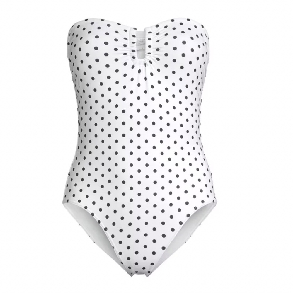Vineyard Vines Womens Small Perf Strapless One Pc Swimsuit White Navy Polka Dot